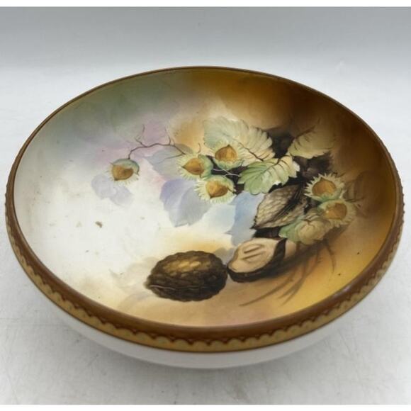 Antique Nippon Morimura Hand Painted Footed Bowl Hazelnut Pinecone RARE! - Picture 3 of 11